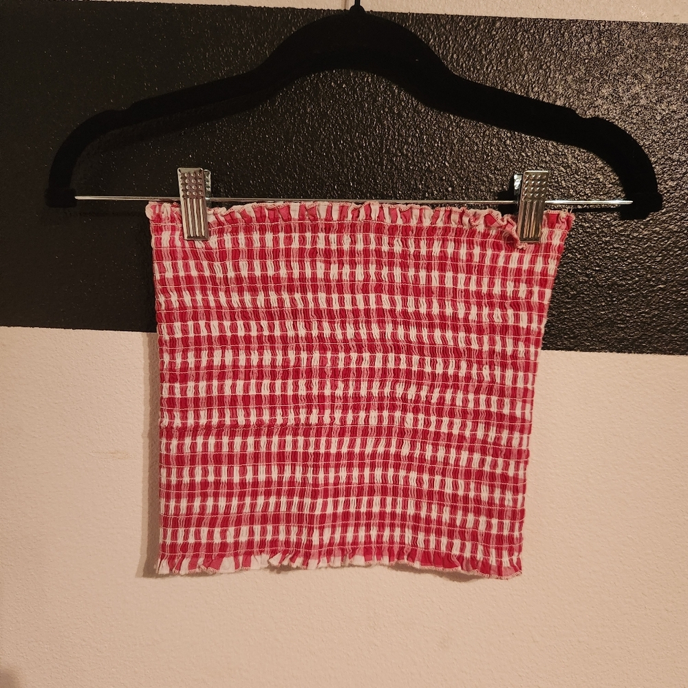 Brandy Melville Red and White Checked Gingham Smocked Tube Top